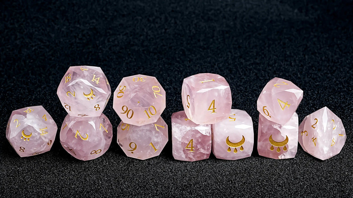Star Natural Stone DND Dice Set – Rose Quartz – Kickstarter Dice - Natural Rose Quartz DND 11-Piece Dice Set Dice