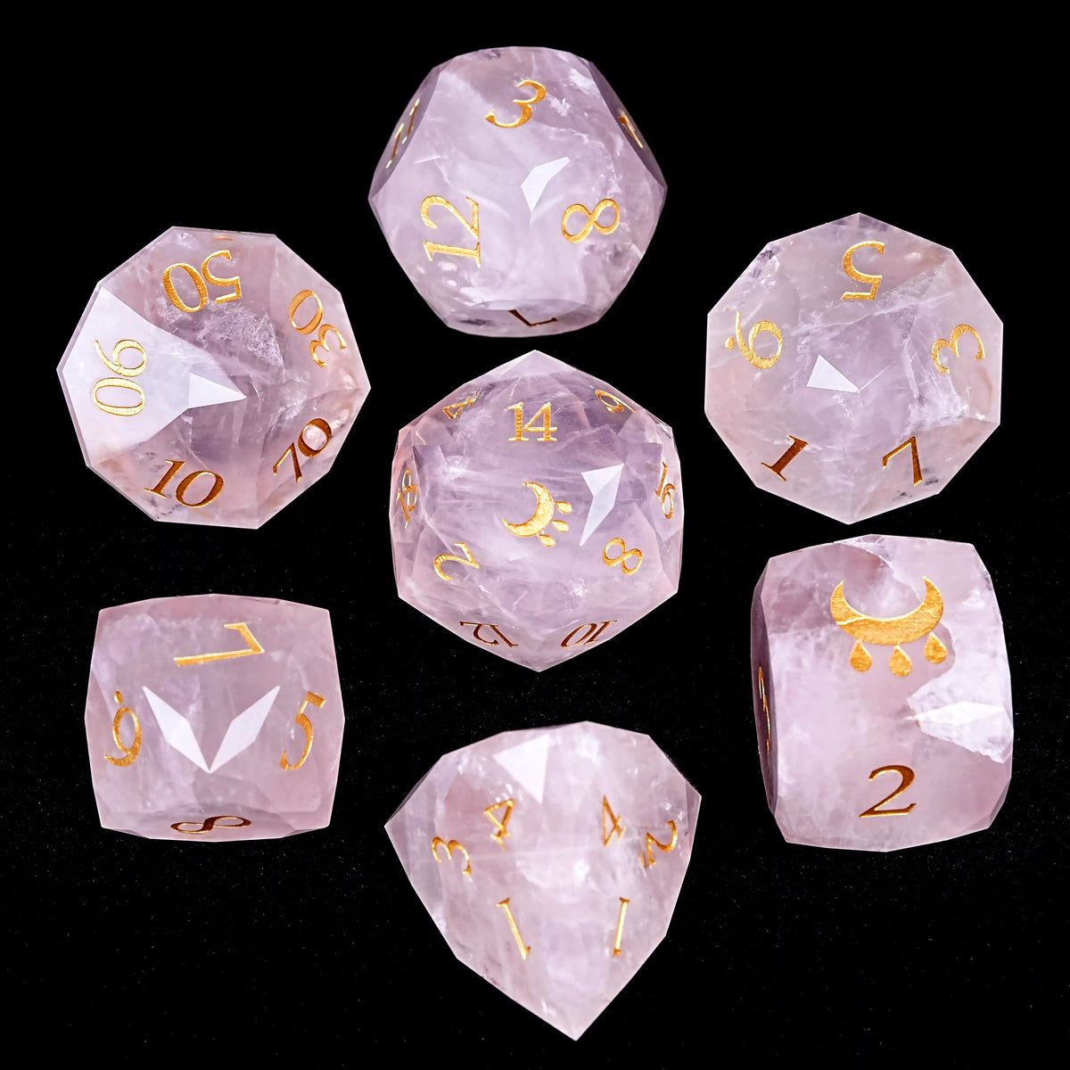 Star Natural Stone DND Dice Set – Rose Quartz – Kickstarter Dice - Natural Rose Quartz DND Dice Set Engraved with the