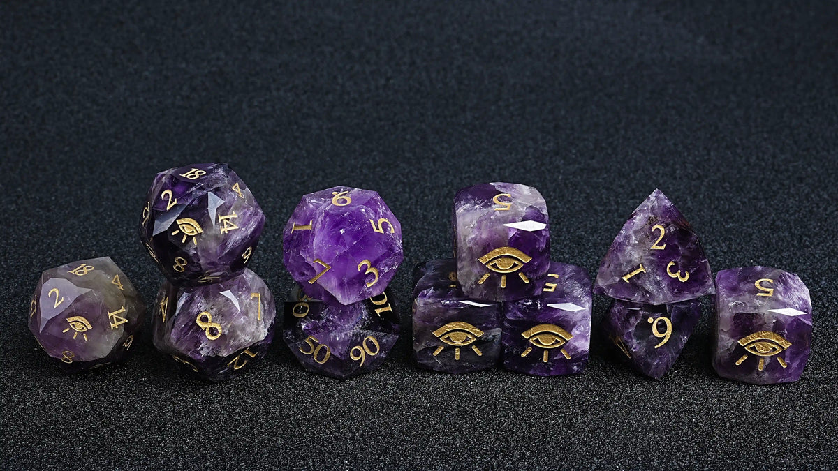 Star Natural Stone DND Dice Set – Seeing Eye – Natural Amethyst 11-Piece Gemstone Dice Set — Gold "All-Seeing Eye"