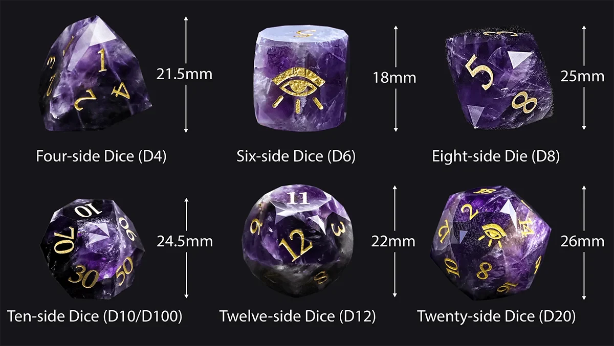 Star Natural Stone DND Dice Set – Seeing Eye – Natural Amethyst DND Dice Set with All-Seeing Eye Design Sizes: D4≈21.5