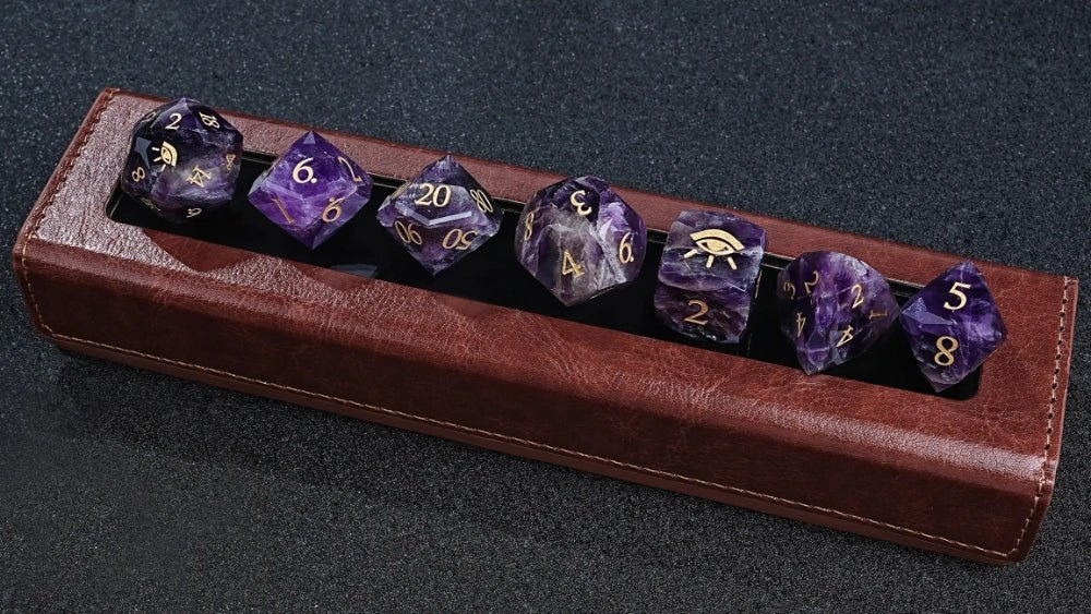 Star Natural Stone DND Dice Set – Seeing Eye – Natural Amethyst DND Dice Set Engraved with the All-Seeing Eye Pattern