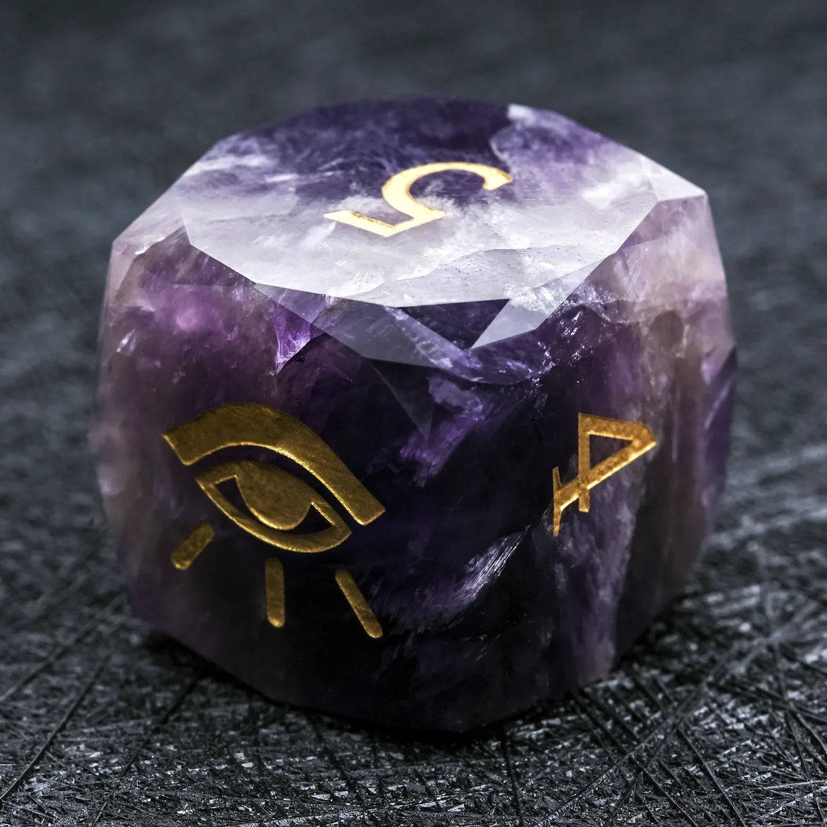 Star Natural Stone DND Dice Set – Seeing Eye – Finely Polished Natural Amethyst D6 Die — Gold "All-Seeing Eye" Gemstone