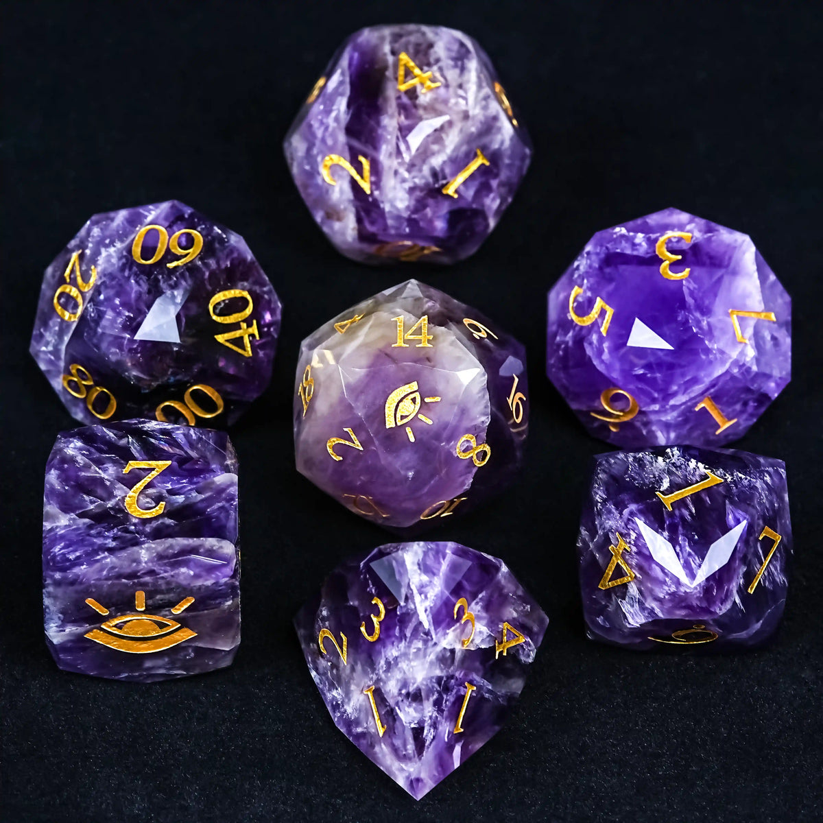 Star Natural Stone DND Dice Set – Seeing Eye – Kickstarter Dice - Natural Amethyst DND Dice Set with Engraved