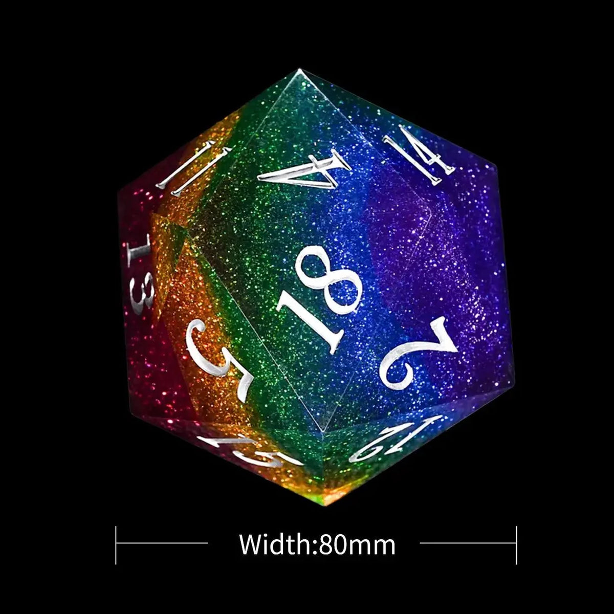 Star Resin D20 Dice – Extra Large – 80mm Fantasy Rainbow Starry Sky Extra Large D20 Resin DND Dice with White Numbers