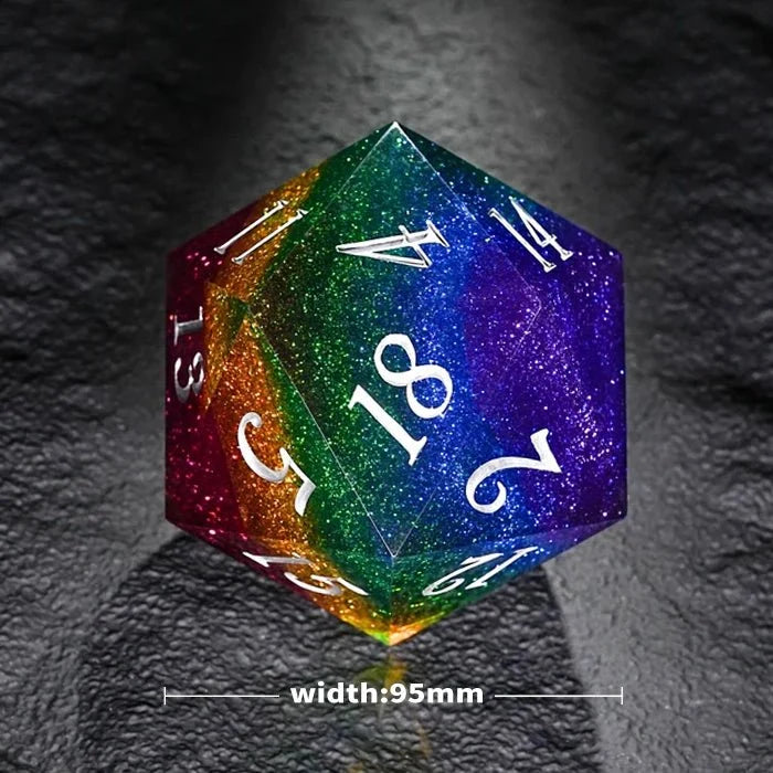 Star Resin D20 Dice – Extra Large – 95mm Fantasy Rainbow Starry Sky Extra Large D20 Resin DND Dice with White Numbers