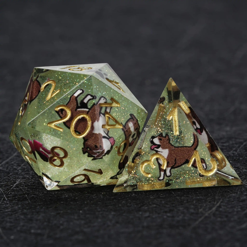 Star Resin DND Dice Set – American Pitbull – Kickstarter Dice – Green Glitter Resin Pit Bull DND D20 and D4 Dice