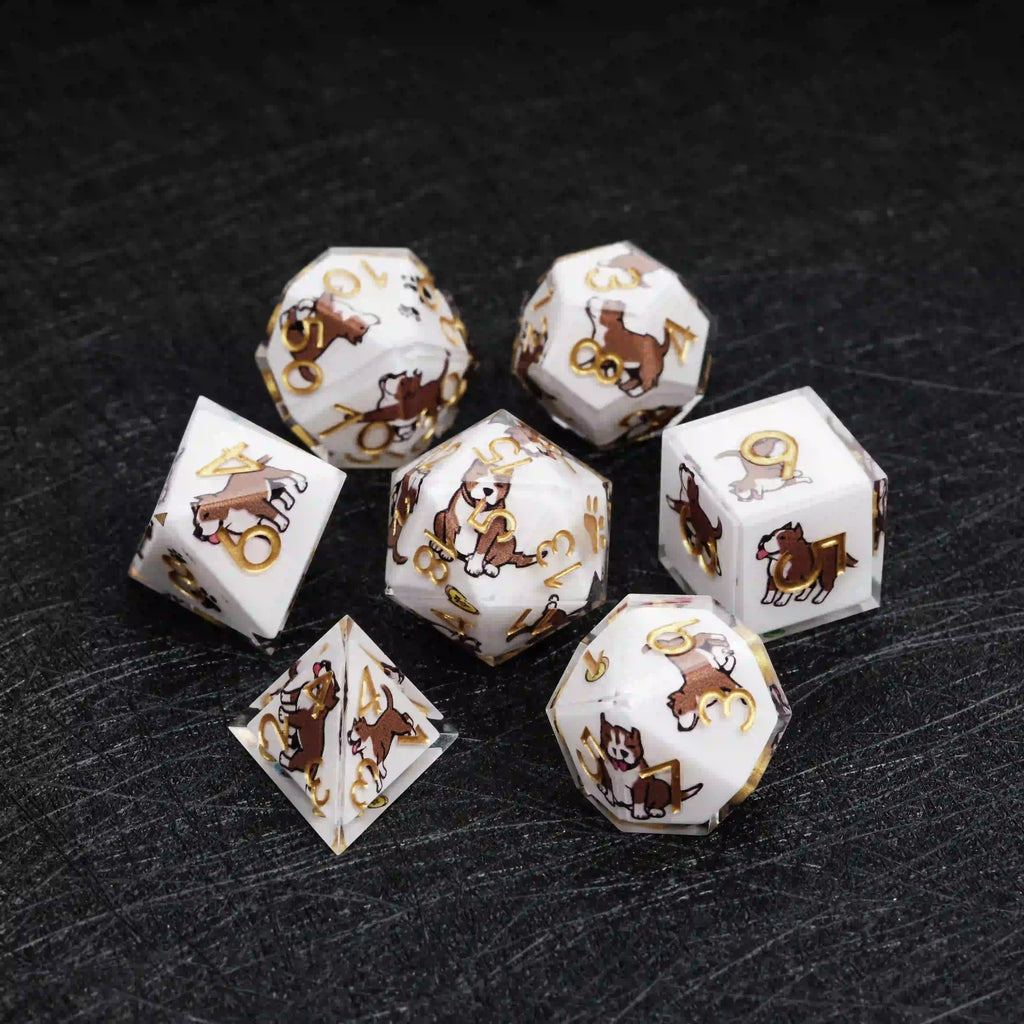Star Resin DND Dice Set – American Pitbull – Kickstarter Dice – Sharp-Edged White Resin Pit Bull DND Dice Set