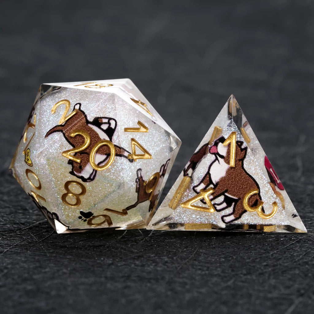 Star Resin DND Dice Set – American Pitbull – Kickstarter Dice – White Glitter Resin Pit Bull DND D20 and D4 Dice