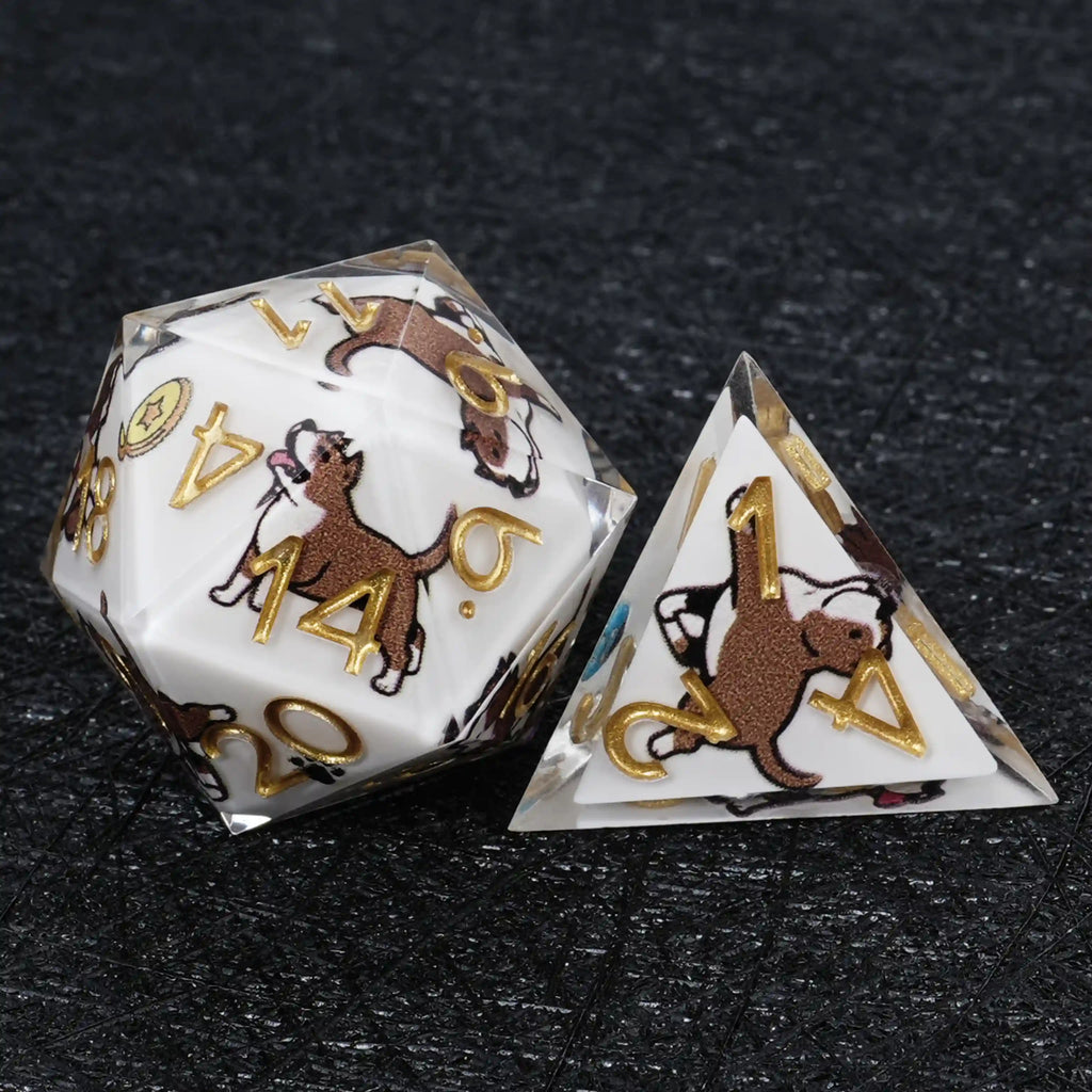 Star Resin DND Dice Set – American Pitbull – Kickstarter Dice – White Resin Pit Bull DND D20 and D4 Dice