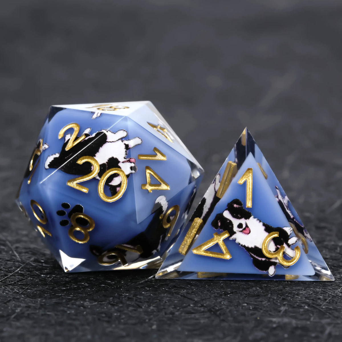 Star Resin DND Dice Set – Border Collie – Kickstarter Dice – Blue Resin Border Collie DND D20 and D4 Dice