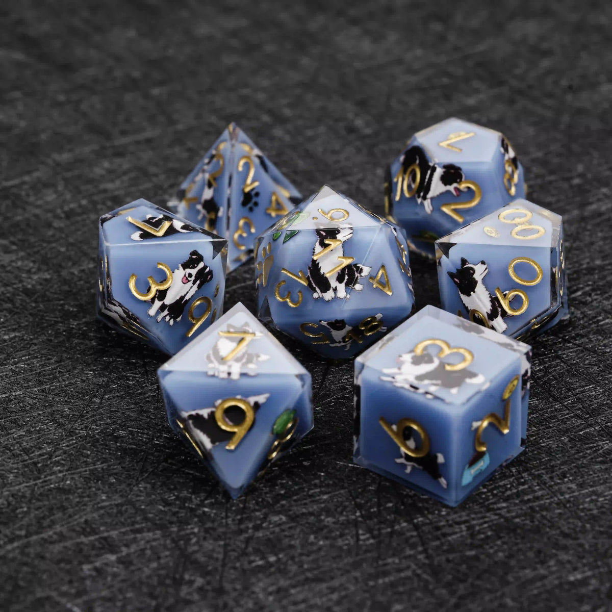 Star Resin DND Dice Set – Border Collie – Kickstarter Dice – Blue Resin Border Collie DND Dice Set with Sharp Edges