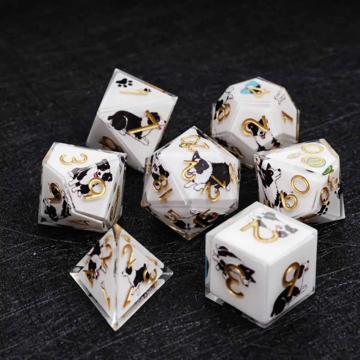Star Resin DND Dice Set – Border Collie – Kickstarter Dice – Sharp-Edged White Resin Border Collie DND Dice Set