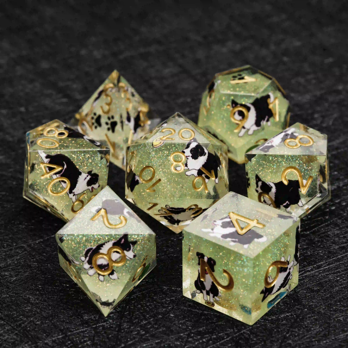 Star Resin DND Dice Set – Border Collie – Kickstarter Dice – Sharp-Edged Green Glitter Resin Border Collie DND Dice Set