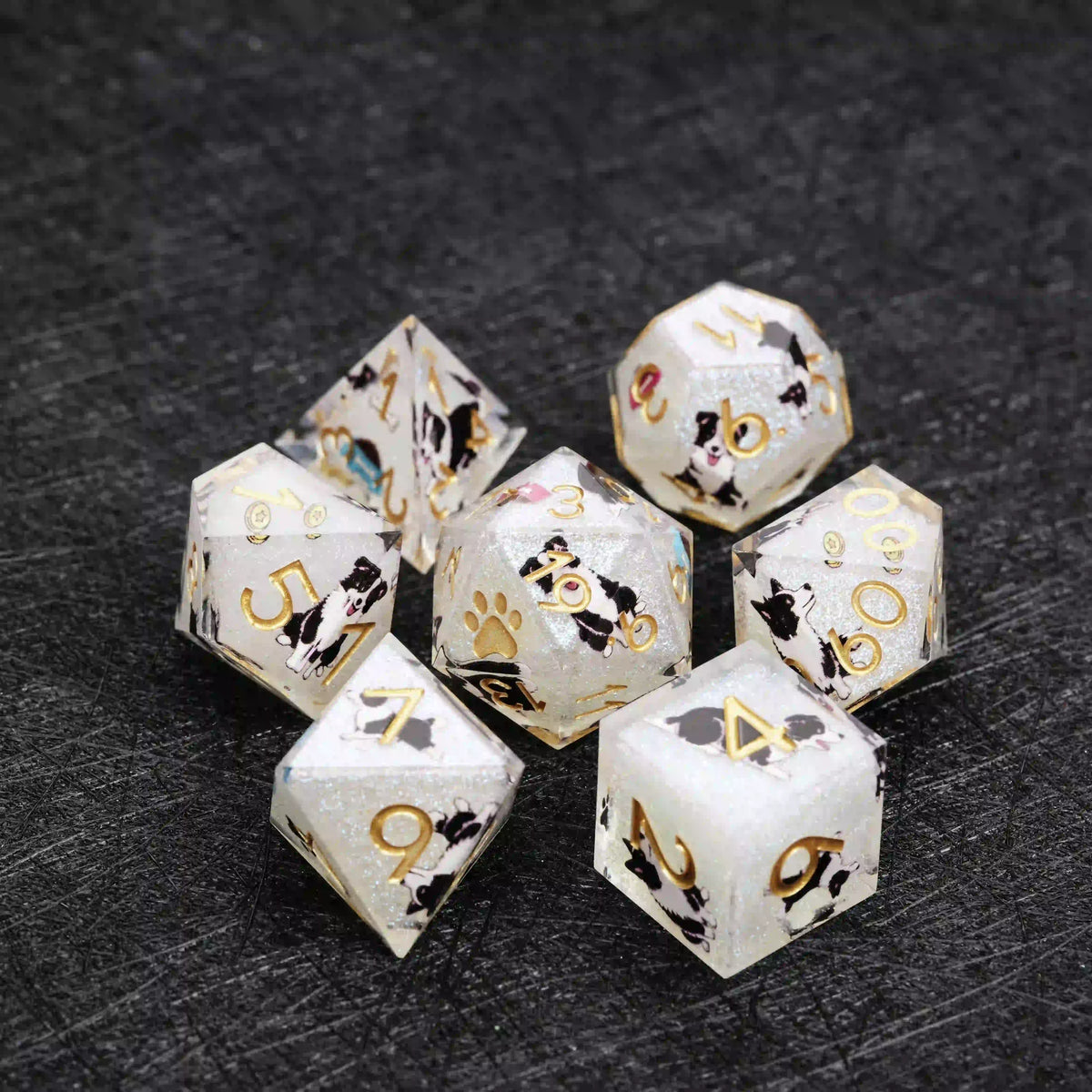 Star Resin DND Dice Set – Border Collie – Kickstarter Dice – Sharp-Edged White Glitter Resin Border Collie DND Dice Set