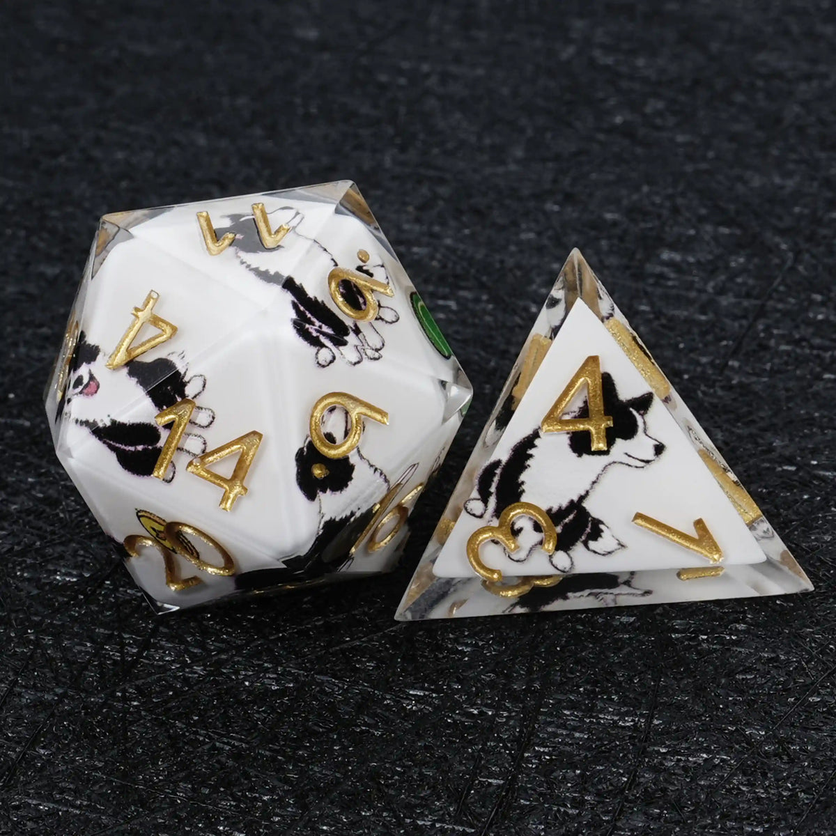 Star Resin DND Dice Set – Border Collie – Kickstarter Dice – White Resin Border Collie DND D20 and D4 Dice