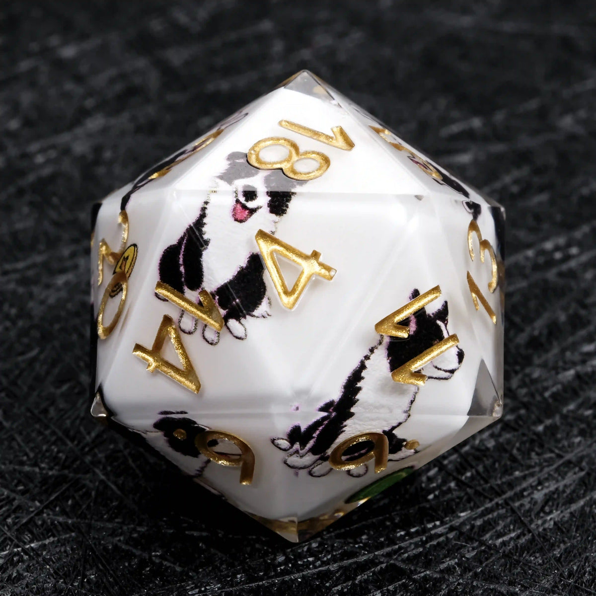 Star Resin DND Dice Set – Border Collie – Kickstarter Dice – White Resin Border Collie DND D20 Dice with Gold Numbers