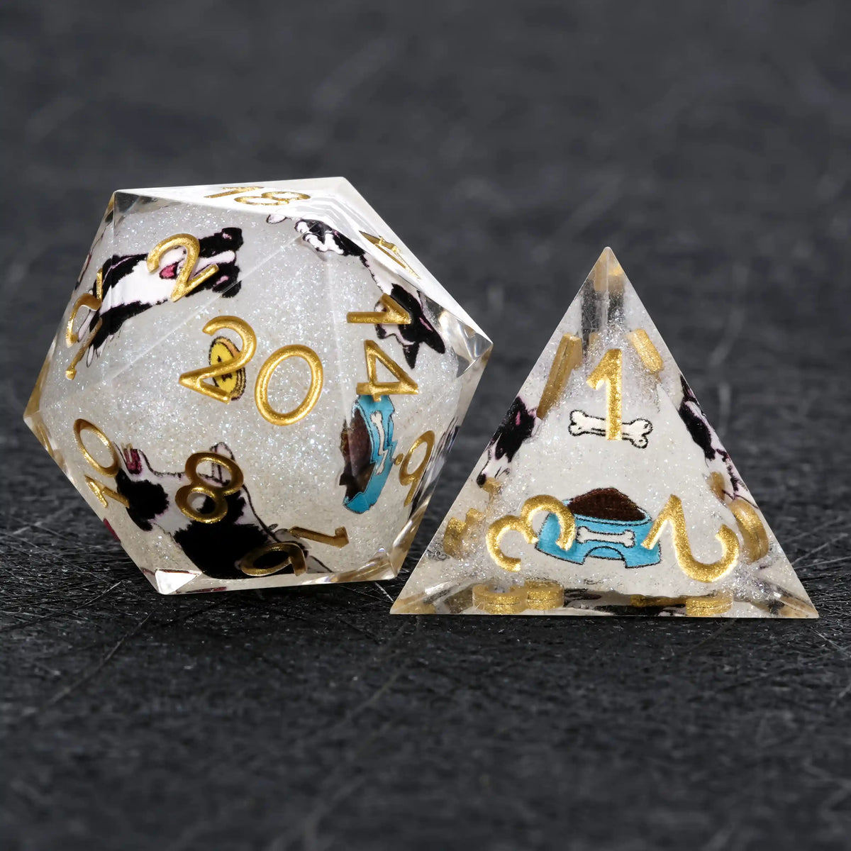 Star Resin DND Dice Set – Border Collie – Kickstarter Dice – White Glitter Resin Border Collie DND D20 and D4 Dice