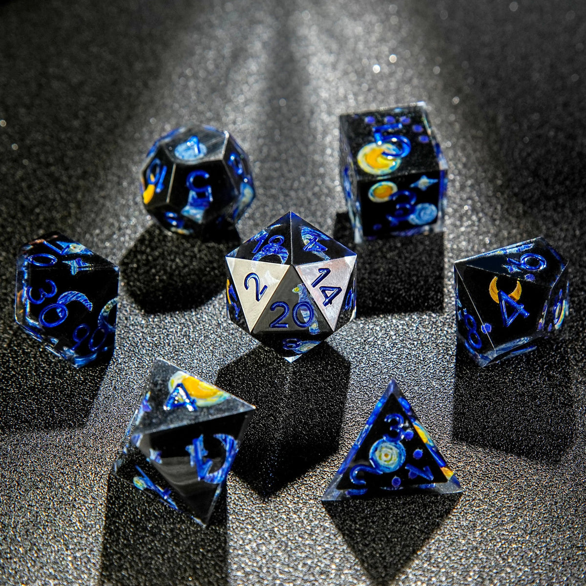 Star Resin DND Dice Set – Dark – Van Gogh Dark Blue Resin DND Dice Set + Blue Font