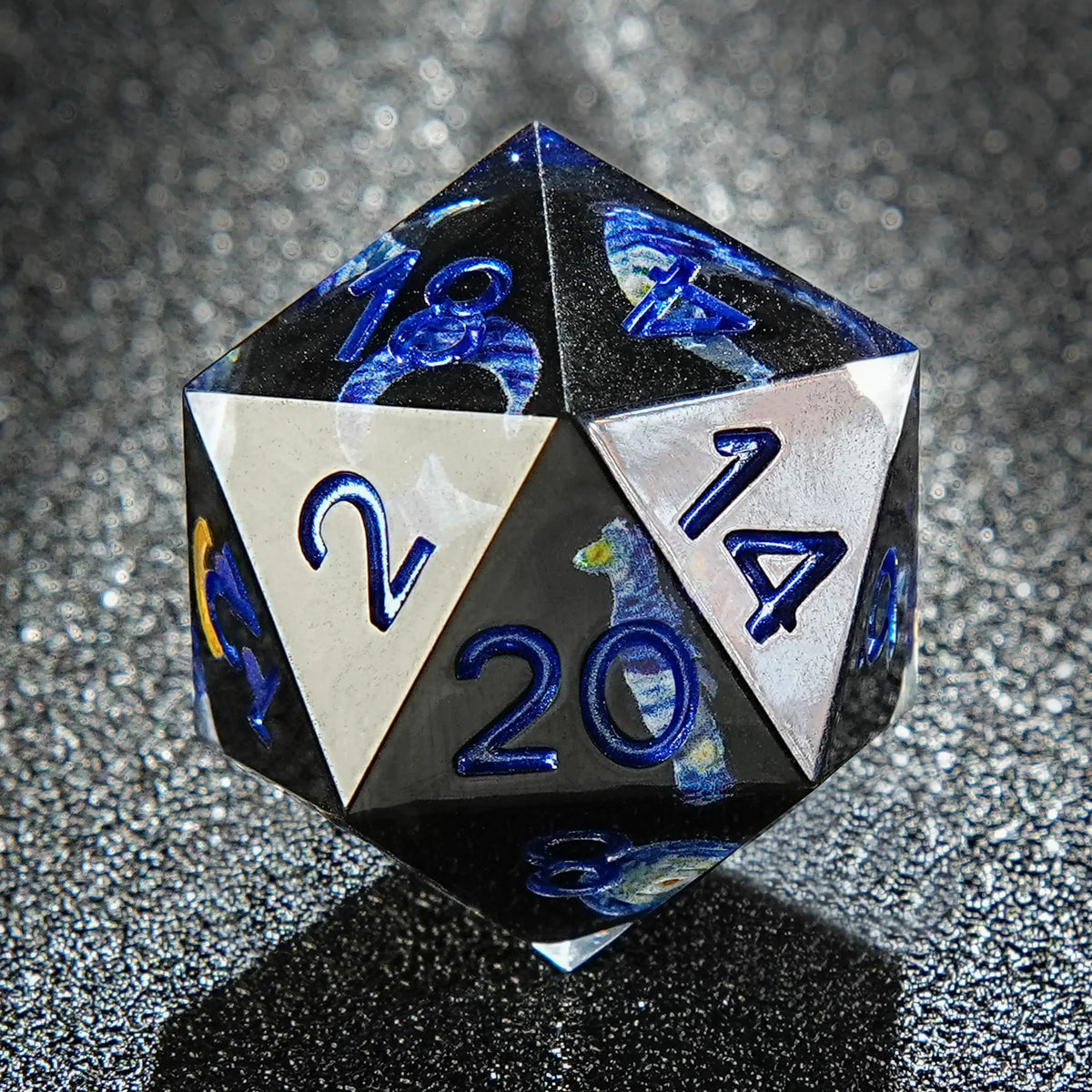 Star Resin DND Dice Set – Dark – Van Gogh Dark Blue Resin DND Dice Set + Blue Font