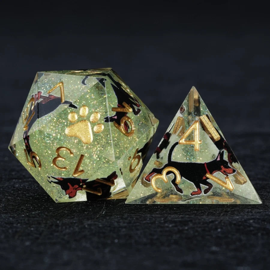 Star Resin DND Dice Set – Dooerman Pnscher – Kickstarter Dice – Green Glitter Resin Doberman DND D20 and D4 Dice with