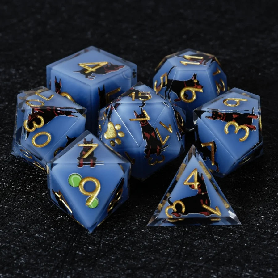 Star Resin DND Dice Set – Dooerman Pnscher – Kickstarter Dice – Handcrafted Sharp-Edged Blue Resin Doberman DND Dice Set