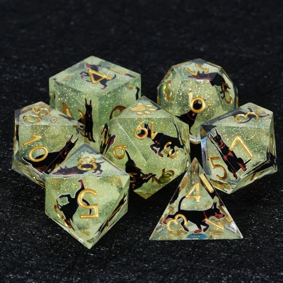 Star Resin DND Dice Set – Dooerman Pnscher – Kickstarter Dice – Handcrafted Green Glitter Resin Doberman DND Dice Set
