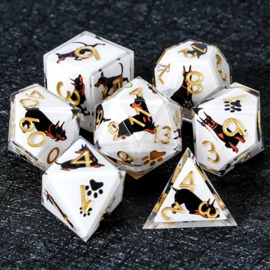 Star Resin DND Dice Set – Dooerman Pnscher – Kickstarter Dice – Handcrafted Sharp-Edged White Resin Doberman DND Dice