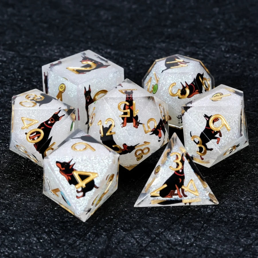 Star Resin DND Dice Set – Dooerman Pnscher – Kickstarter Dice – Handmade Sharp-Edged White Glitter Resin Doberman DND