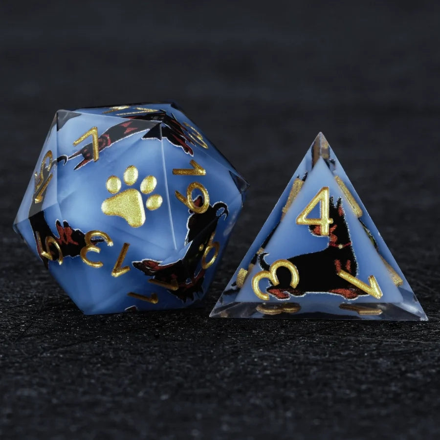 Star Resin DND Dice Set – Dooerman Pnscher – Kickstarter Dice – Sharp-Edged Blue Resin Doberman DND D20 and D4 Dice