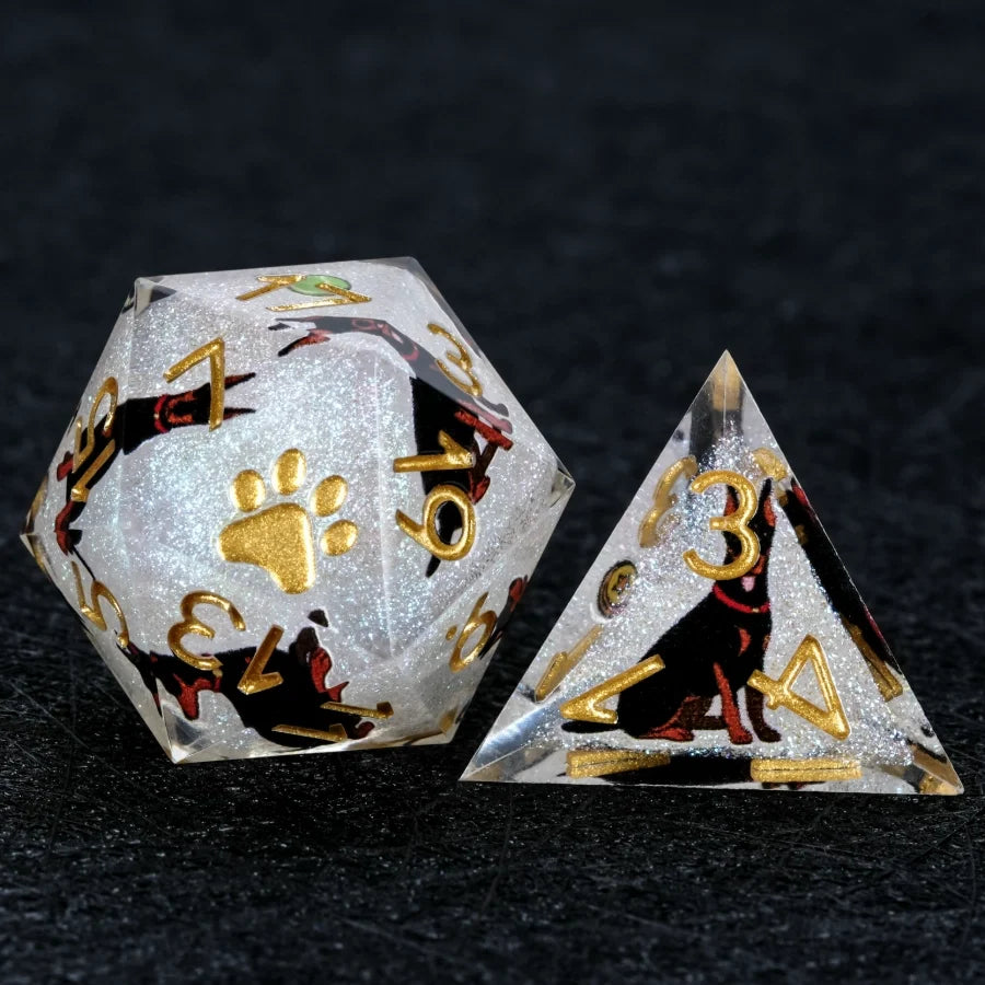 Star Resin DND Dice Set – Dooerman Pnscher – Kickstarter Dice – Sharp-Edged White Glitter Resin Doberman DND D20 and D4