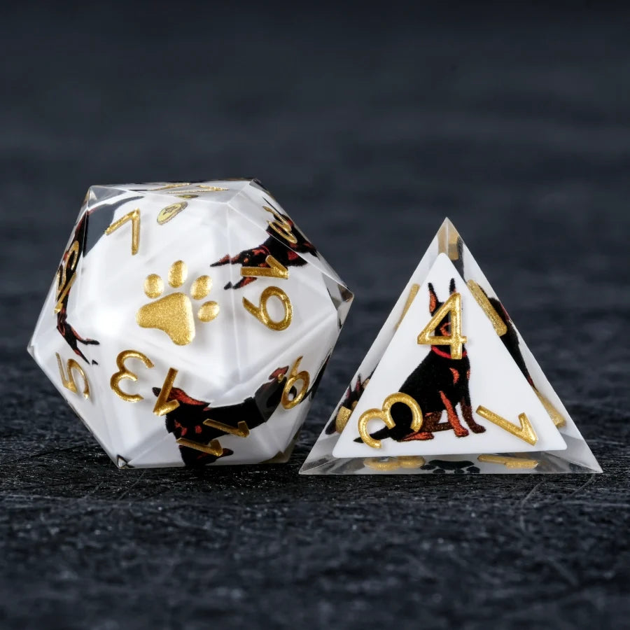 Star Resin DND Dice Set – Dooerman Pnscher – Kickstarter Dice – Sharp-Edged White Resin Doberman DND D20 and D4 Dice