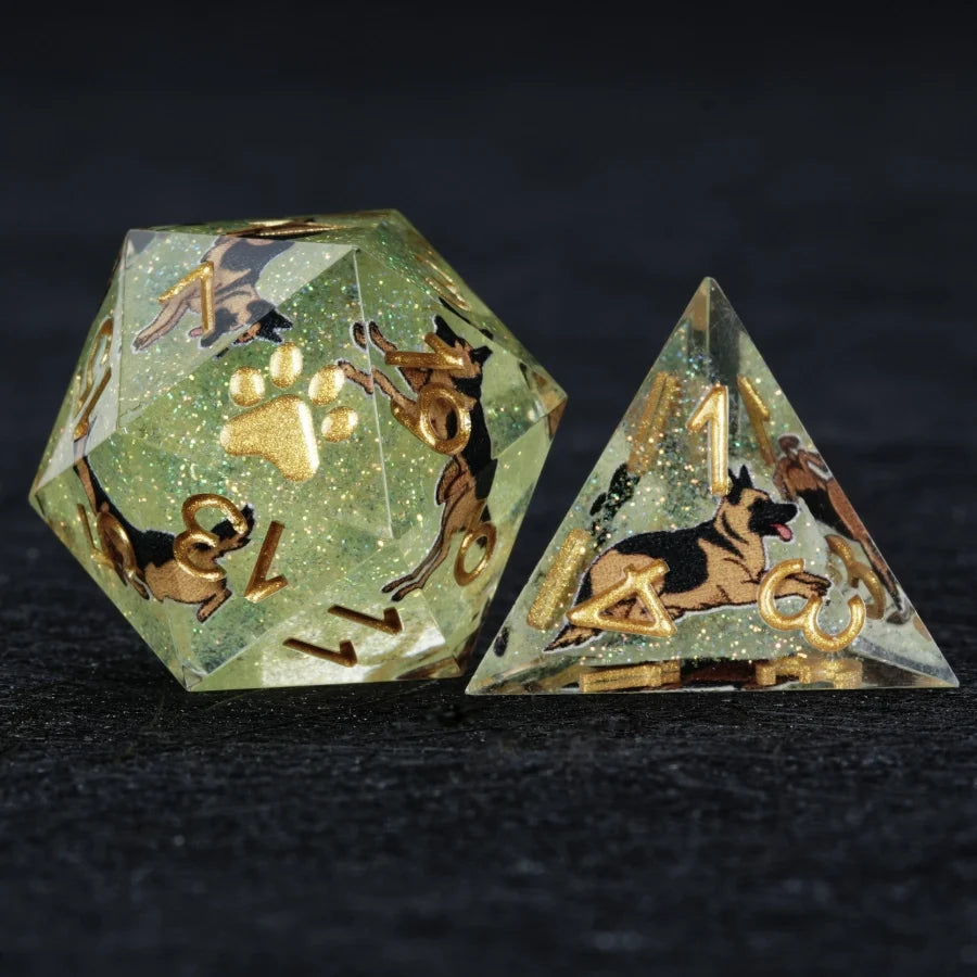 Star Resin DND Dice Set – German Shepherd – Kickstarter Dice – Green Glitter Resin German Shepherd DND D20 and D4 Dice