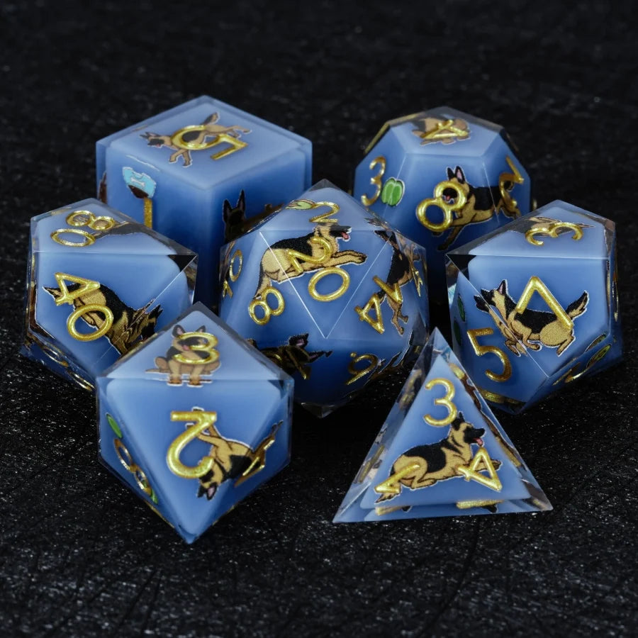 Star Resin DND Dice Set – German Shepherd – Kickstarter Dice – Handcrafted Sharp-Edged Blue Resin German Shepherd DND