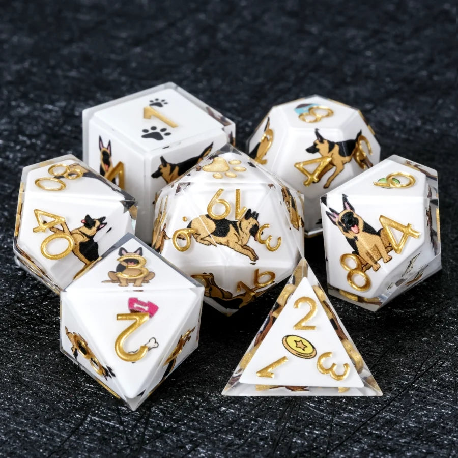 Star Resin DND Dice Set – German Shepherd – Kickstarter Dice – Handcrafted Sharp-Edged White Resin German Shepherd DND