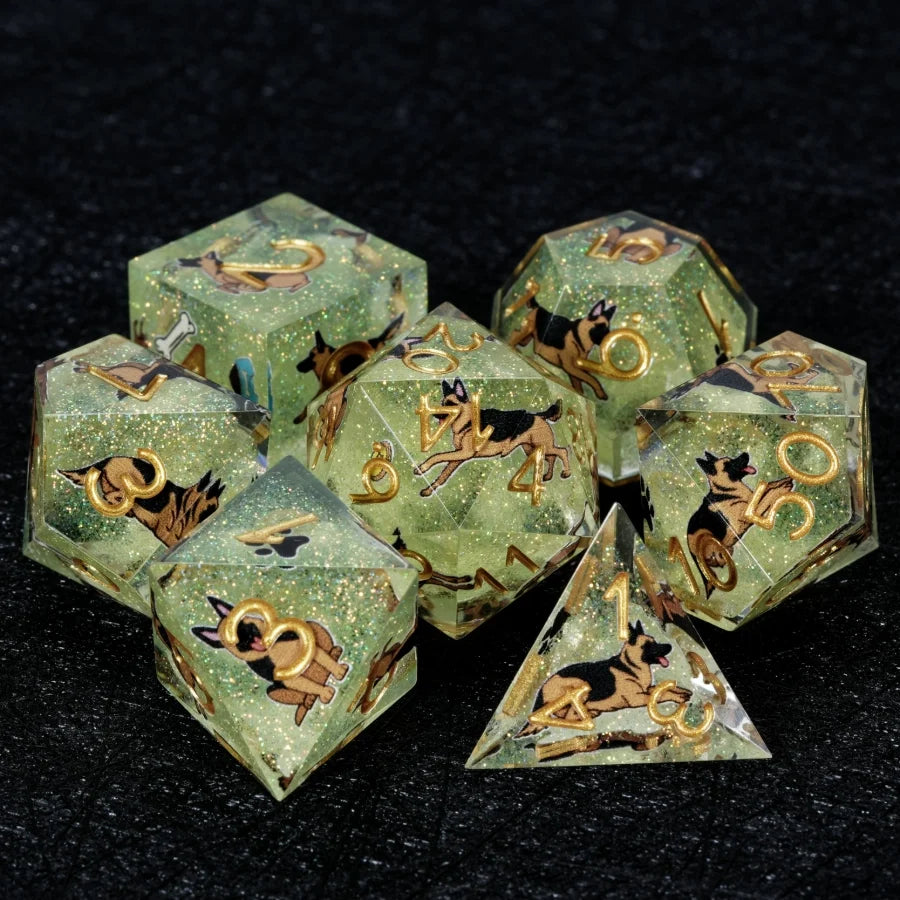 Star Resin DND Dice Set – German Shepherd – Kickstarter Dice – Handmade Green Glitter Resin German Shepherd DND Dice