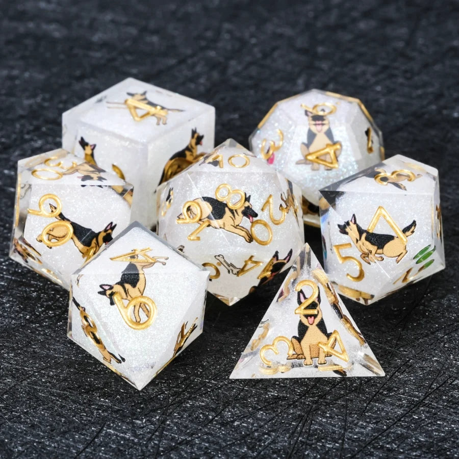 Star Resin DND Dice Set – German Shepherd – Kickstarter Dice – Handmade Sharp-Edged White Glitter Resin German Shepherd