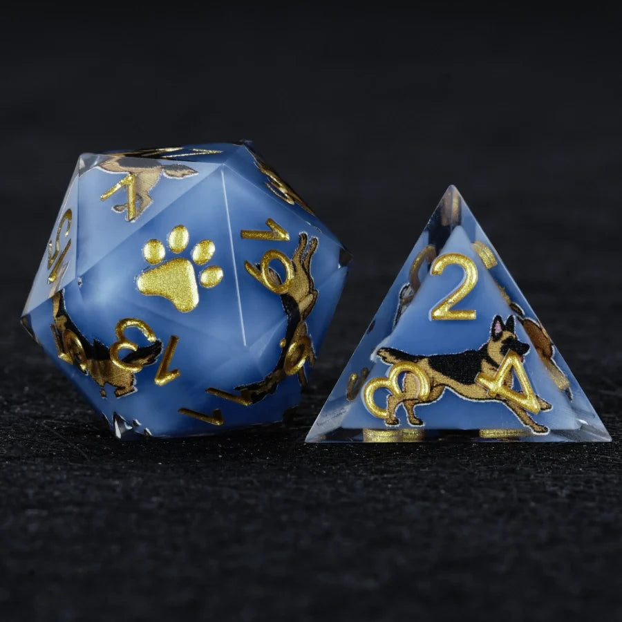 Star Resin DND Dice Set – German Shepherd – Kickstarter Dice – Sharp-Edged Blue Resin German Shepherd DND D20 and D4
