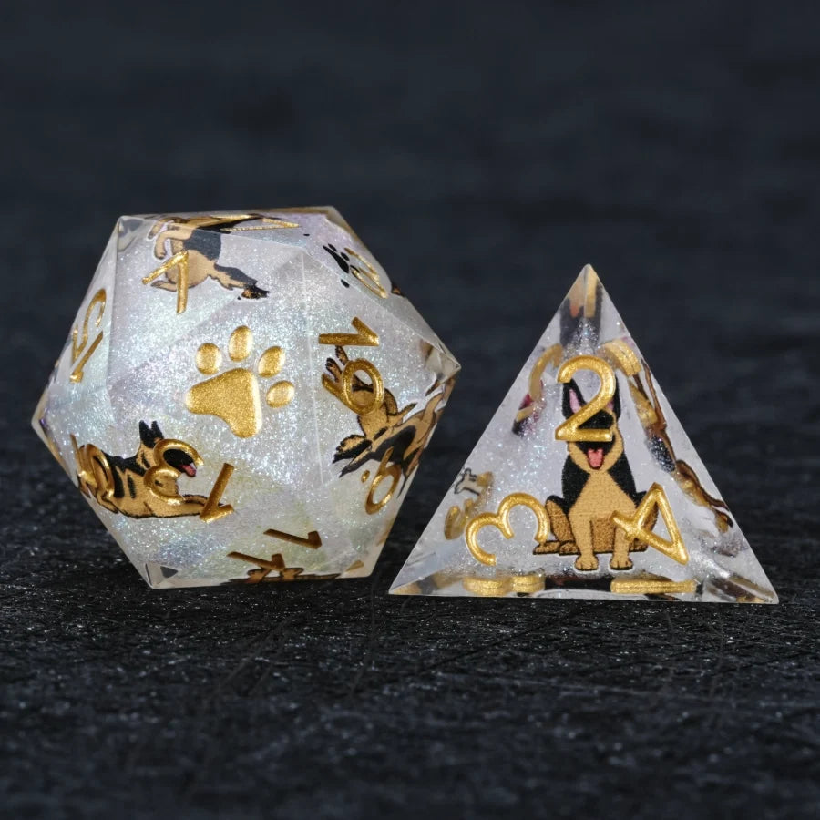Star Resin DND Dice Set – German Shepherd – Kickstarter Dice – Sharp-Edged White Glitter Resin German Shepherd DND D20