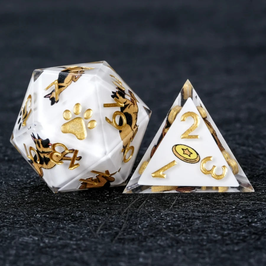 Star Resin DND Dice Set – German Shepherd – Kickstarter Dice – Sharp-Edged White Resin German Shepherd DND D20 and D4