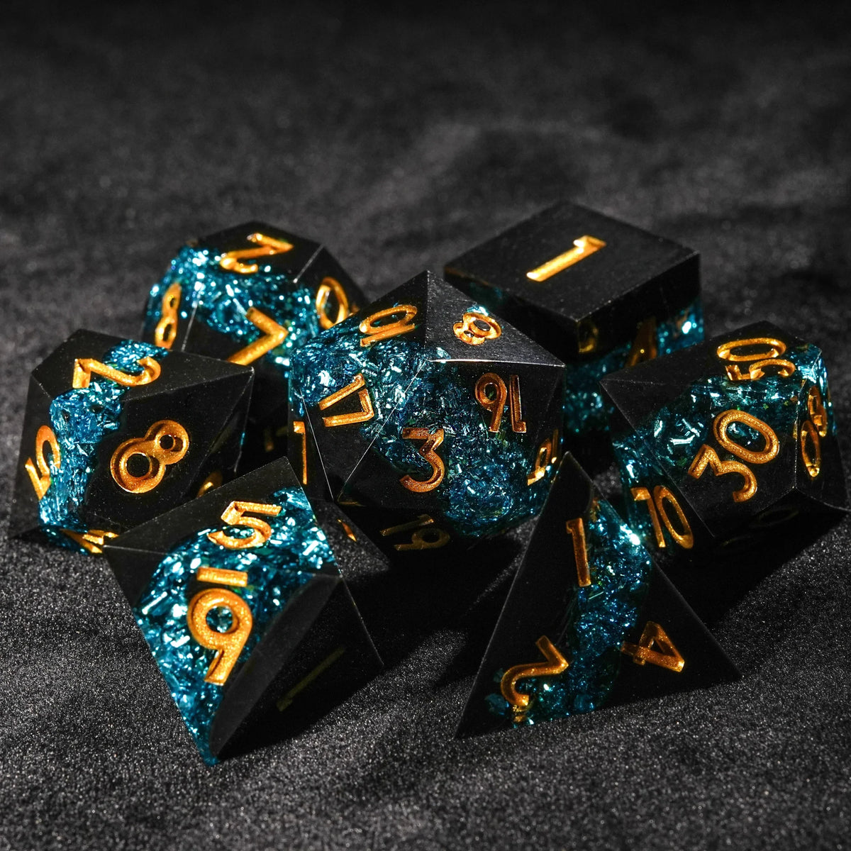 Star Resin DND Dice Set – Gold Numbers – Dark Vein – Blue Star River - Dark Resin DND Dice Set + Gold Font