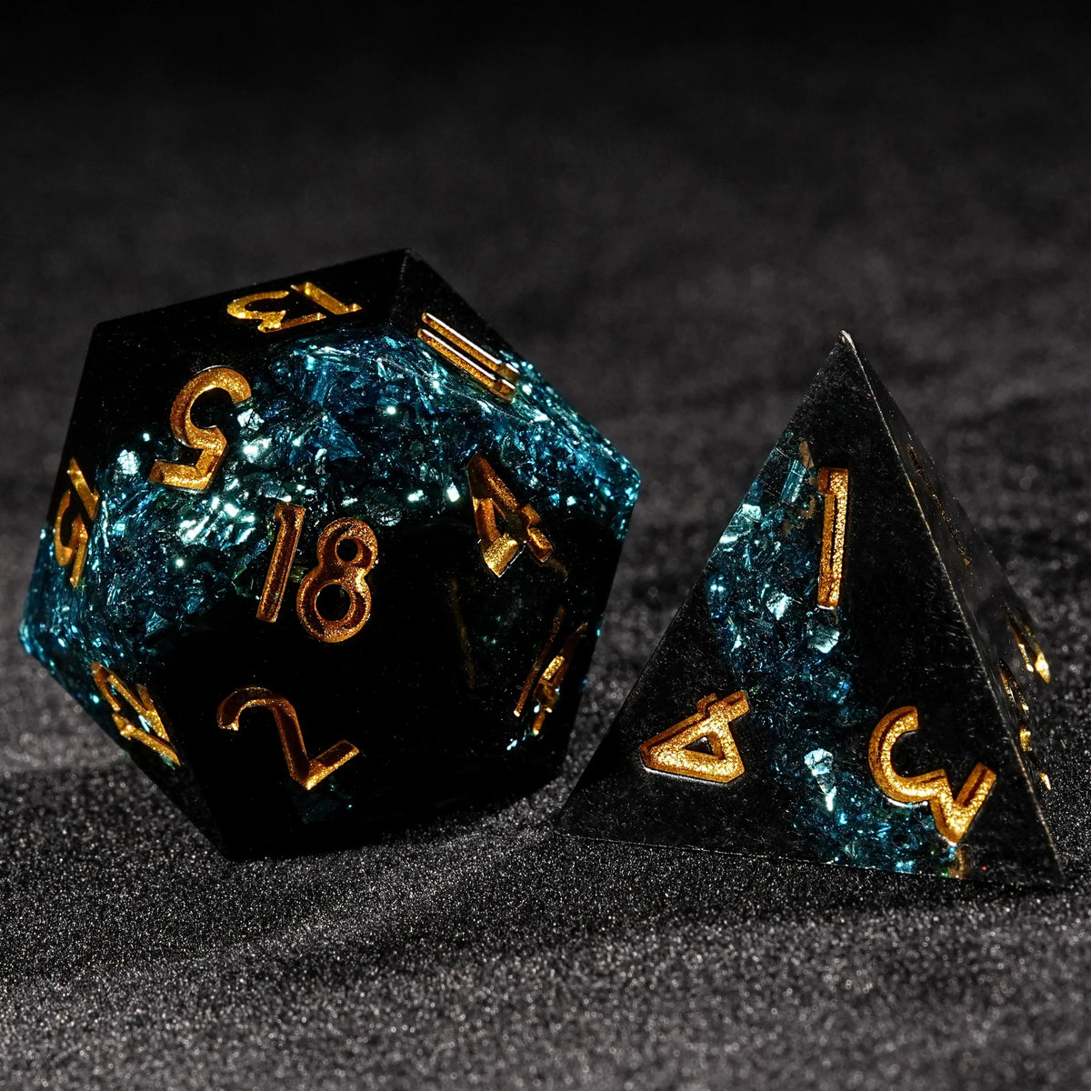 Star Resin DND Dice Set – Gold Numbers – Dark Vein – Blue Star River - Dark Resin DND Dice Set + Gold Font