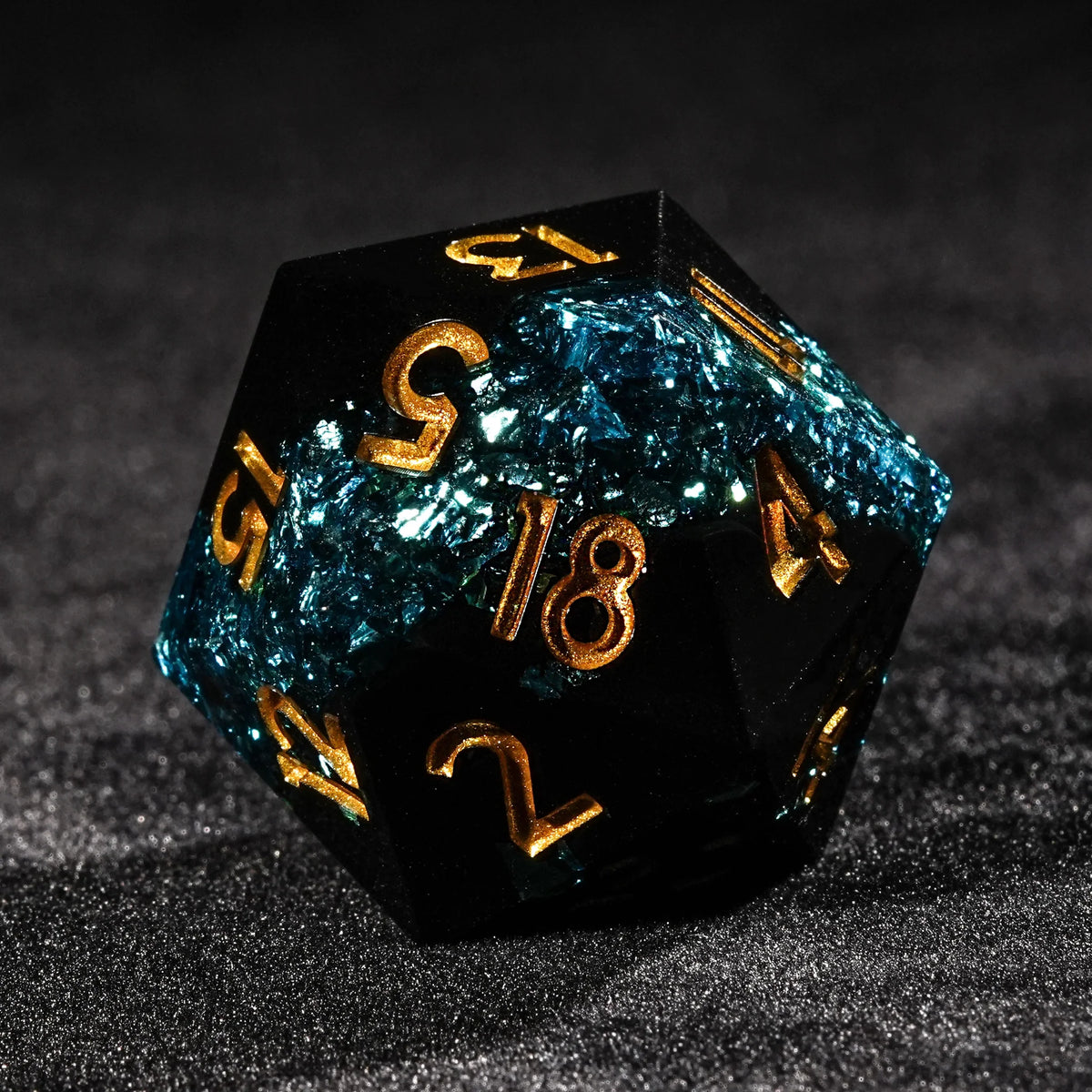 Star Resin DND Dice Set – Gold Numbers – Dark Vein – Blue Star River - Dark Resin DND Dice Set + Gold Font