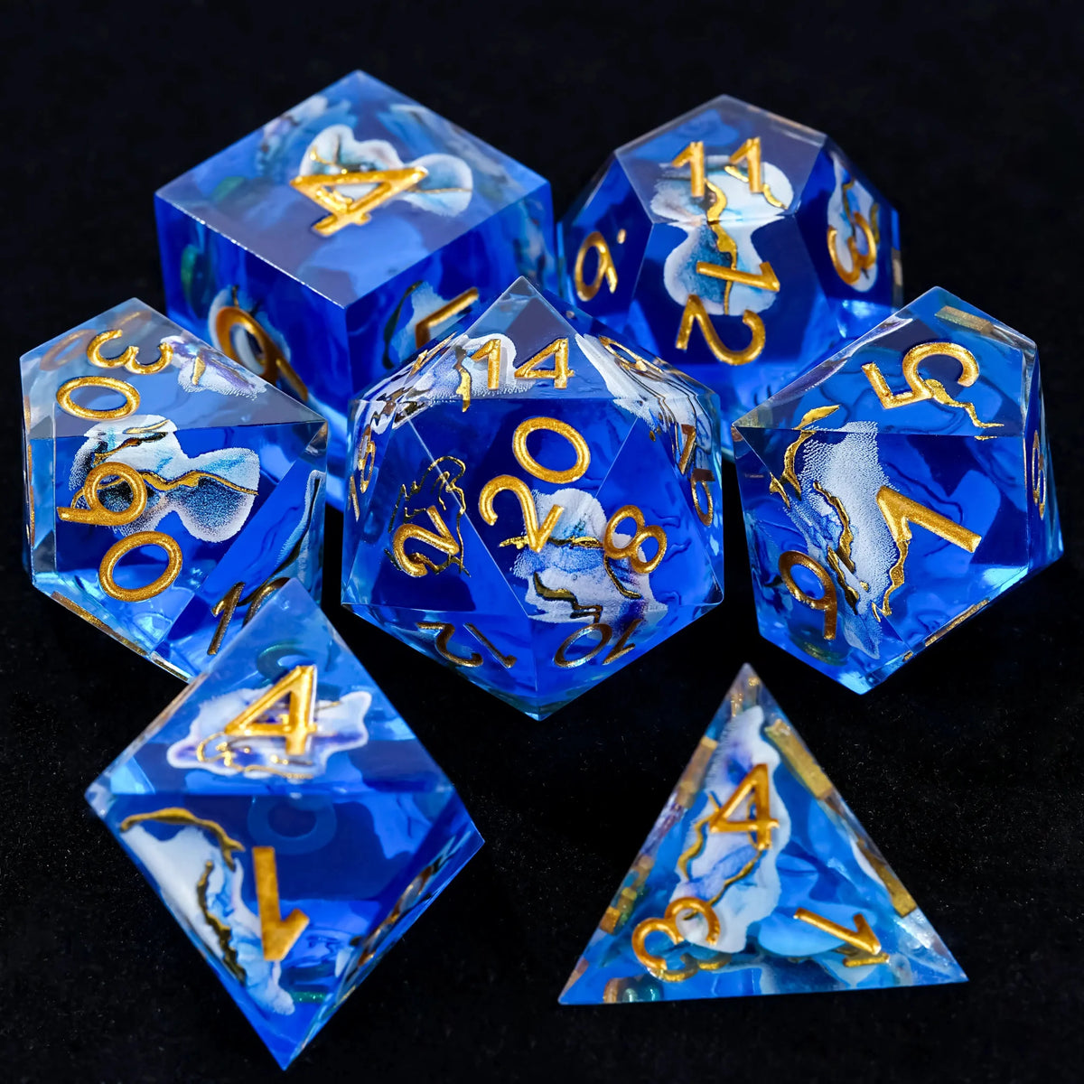 Star Resin DND Dice Set – Gold Numbers – Sea – Blue Sea Star Resin Dice Set with Gold Numbers - RPG DND