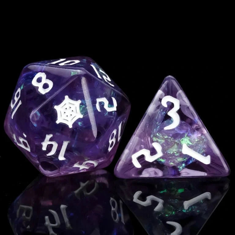 Star Resin DND Dice Set – Kickstarter Webweaver – Kickstarter Trickster Dice - Purple Resin Spiderweb DND D20 and D4