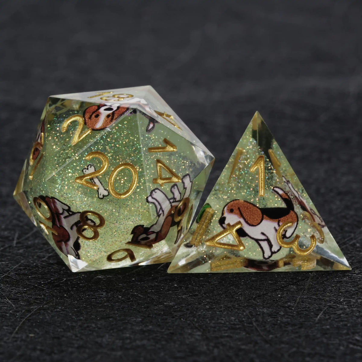 Star Resin DND Dice Set – Legends Beagle – Kickstarter Dice – Green Glitter Resin Beagle DND D20 and D4 Dice