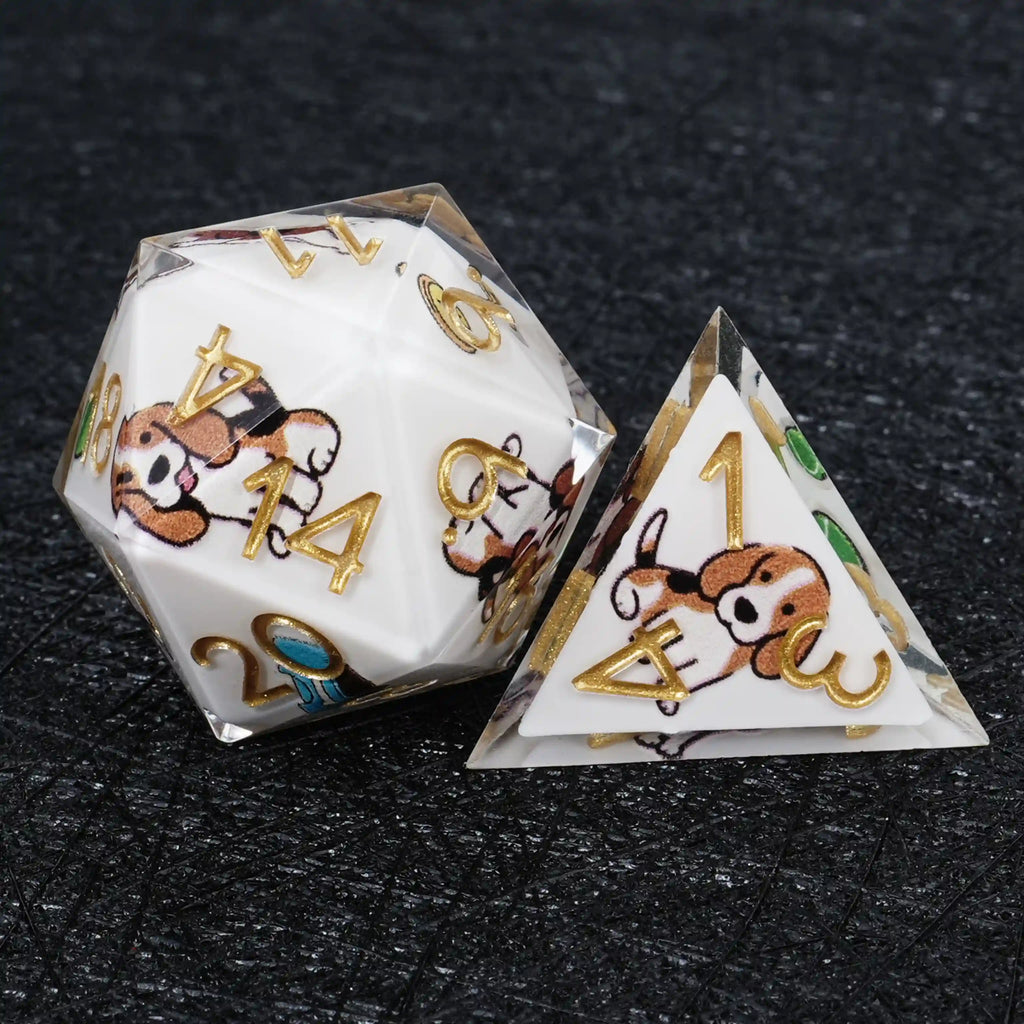Star Resin DND Dice Set – Legends Beagle – Kickstarter Dice – White Resin Beagle DND D20 and D4 Dice