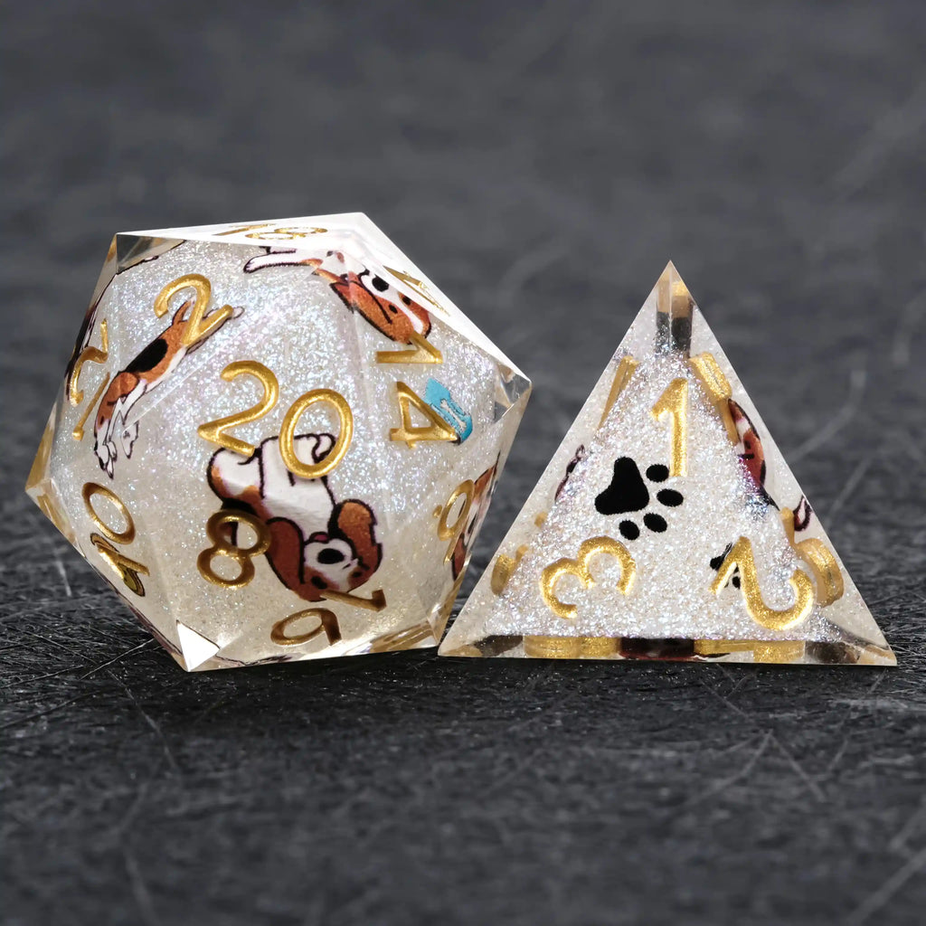 Star Resin DND Dice Set – Legends Beagle – Kickstarter Dice – White Glitter Resin Beagle DND D20 and D4 Dice