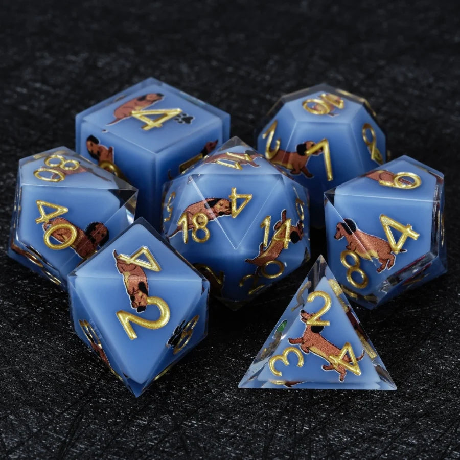Star Resin DND Dice Set – Legends Dachshund – Kickstarter Dice – Handcrafted Sharp-Edged Blue Resin Dachshund DND Dice