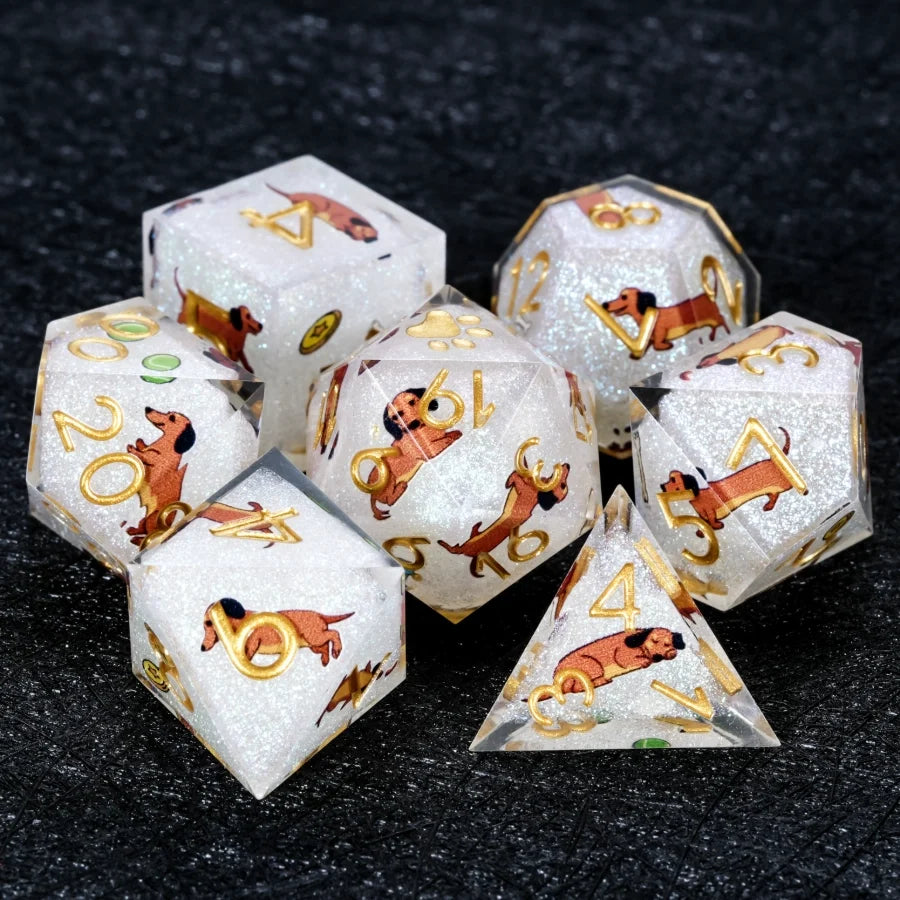 Star Resin DND Dice Set – Legends Dachshund – Kickstarter Dice – Handcrafted Sharp-Edged White Glitter Resin Dachshund