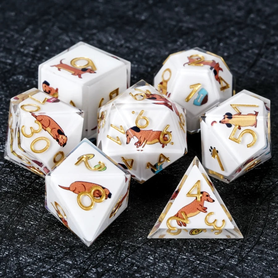 Star Resin DND Dice Set – Legends Dachshund – Kickstarter Dice – Handcrafted Sharp-Edged White Resin Dachshund DND Dice